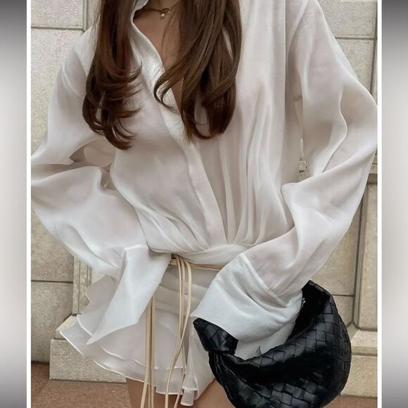 Anewsta White Long Sleeve Pleats Hip Band Mini Dress Size M - Picture 1 of 10